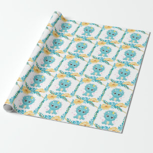 Cute Prince Teal and Yellow Dinosaur Baby Shower Wrapping Paper