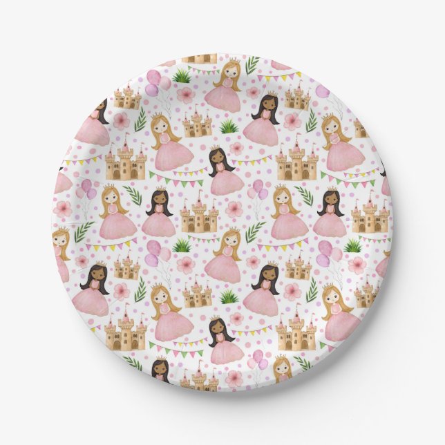 Cute Princess and Castle Watercolor Paper Plate (Front)