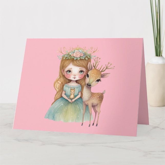 Cute Princess and Fawn Baby Deer Greeting Card (Front)