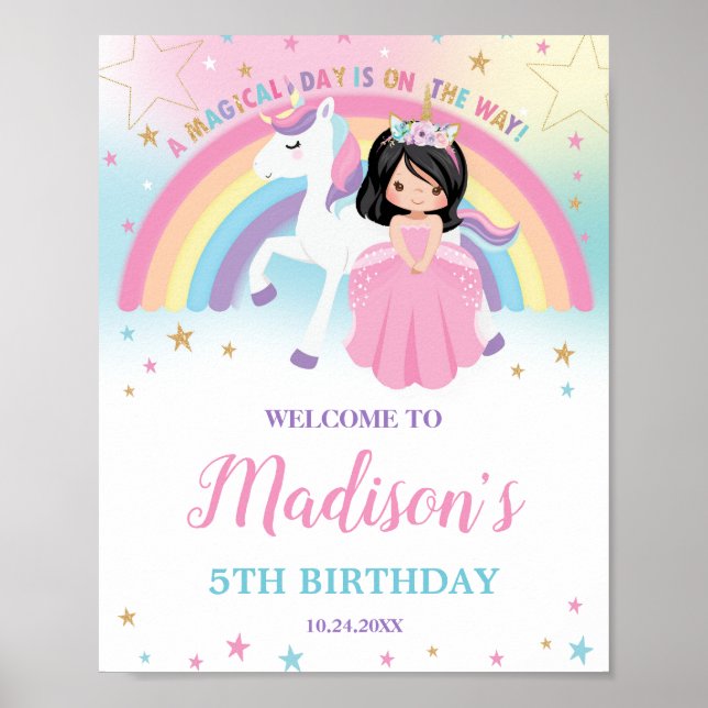 Cute Princess and Unicorn Birthday Rainbow Welcome Poster (Front)