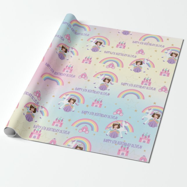 Cute Princess and Unicorn Rainbow Birthday Custom Wrapping Paper (Unrolled)