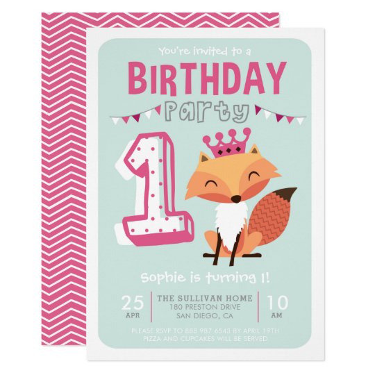 Cute Princess Baby Fox Hot Pink First Birthday Card