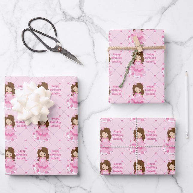 Cute Princess Birthday Pink Personalized Girls Wrapping Paper Sheet (Front)