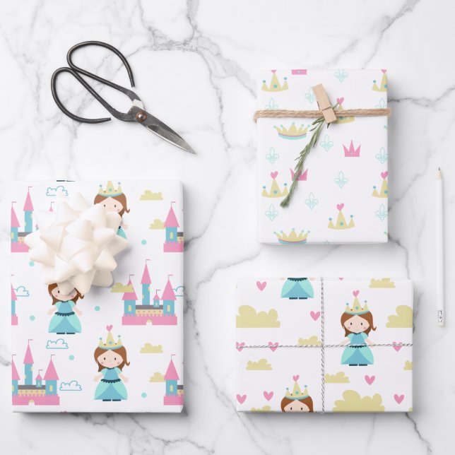 Cute Princess Castle Crown Pattern Girl Birthday Wrapping Paper Sheet (Front)
