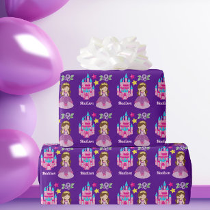 Cute  Princess Castle Custom Purple Birthday Girl Wrapping Paper