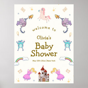 Cute Princess Dragon Unicorn Baby Shower Welcome  Poster