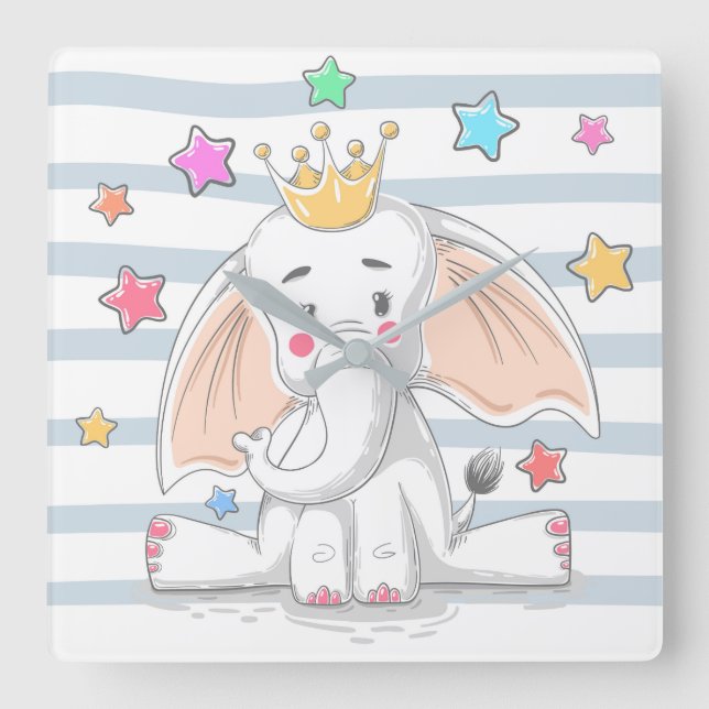Cute Princess Elephant Square Wall Clock (Front)