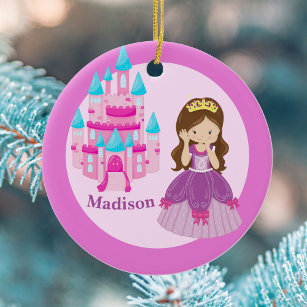 Cute Princess Girl Custom Kids Pink Christmas Ceramic Ornament