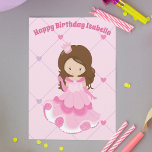 Cute Princess Girl Pink Kids Custom Happy Birthday Card<br><div class="desc">These adorable pink princess happy birthday card features a drawing of a pretty brunette little girl wearing a beautiful pink ball gown. Personalize this cute children's birthday card with your child's name between the fun heart pattern.</div>