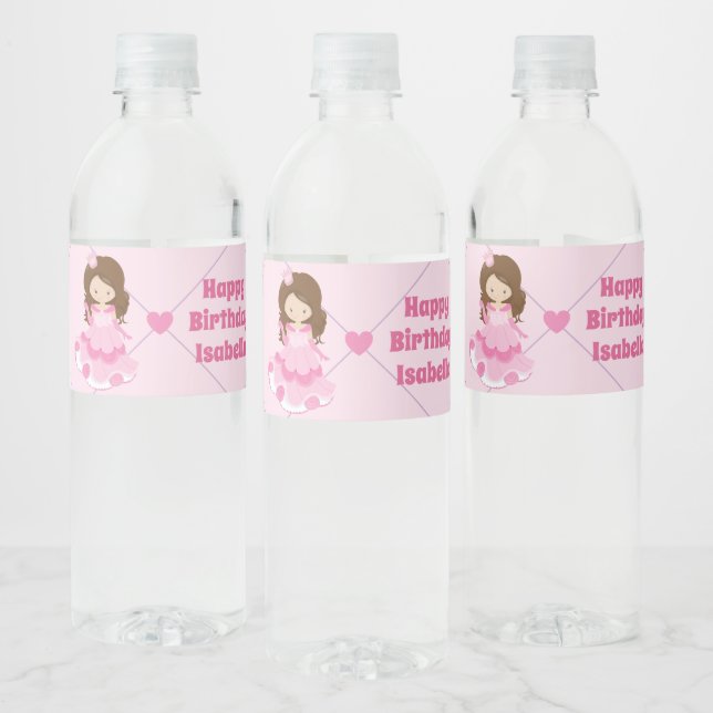 Cute Princess Personalized Pink Birthday Party Water Bottle Label (Bottles)