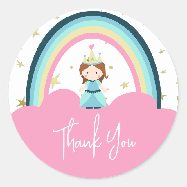 Cute Princess Rainbow Thank You Classic Round Sticker (Front)