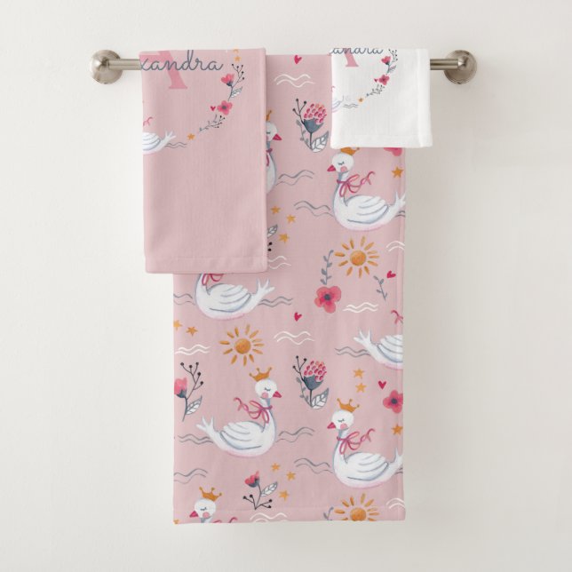 Cute princess swan pink kids bath towel set (Insitu)