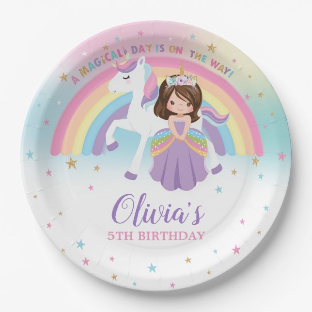 Cute Princess & Unicorn Birthday Party Rainbow  Paper Plate (Front)