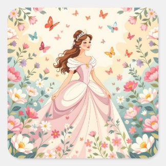 Cute princess with butterflies square sticker