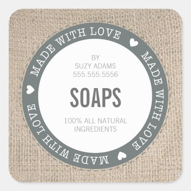 CUTE PRODUCT LABEL made with love burlap fabric (Front)