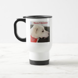 Cute Profile of White Dog Wearing Scarf Christmas Travel Mug