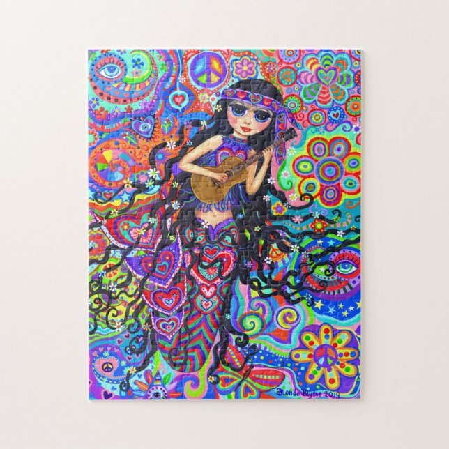 Cute Psychedelic Hippie Mermaid Girl Guitar Jigsaw Puzzle (Vertical)
