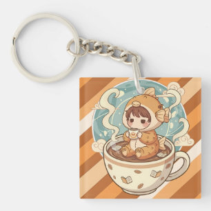 Cute Puffer Fish Coffee & Reading Art Keychain
