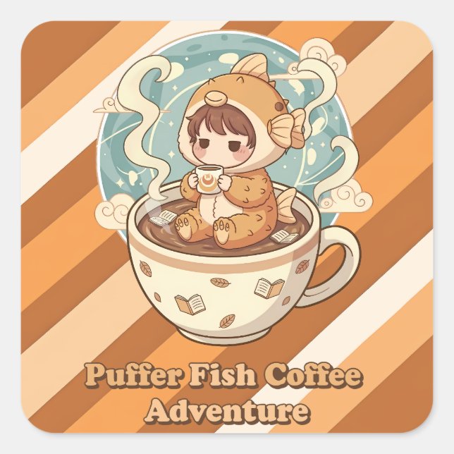 Cute Puffer Fish Coffee & Reading Art Square Sticker (Front)