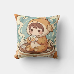 Cute Puffer Fish Coffee & Reading Art Throw Pillow