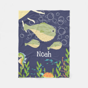 Cute puffer fish in a deep blue sea, fleece blanket