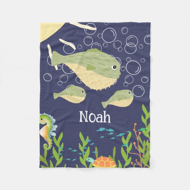 Cute puffer fish in a deep blue sea, fleece blanket (Front)