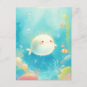 Cute Pufferfish in Pastel Coral Reef Postcard