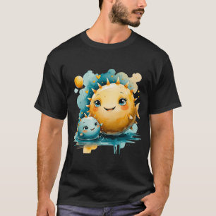 Cute Pufferfish Mom and Baby with Balloon Watercol T-Shirt