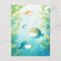 Cute Pufferfish Swimming in Green Seaweed