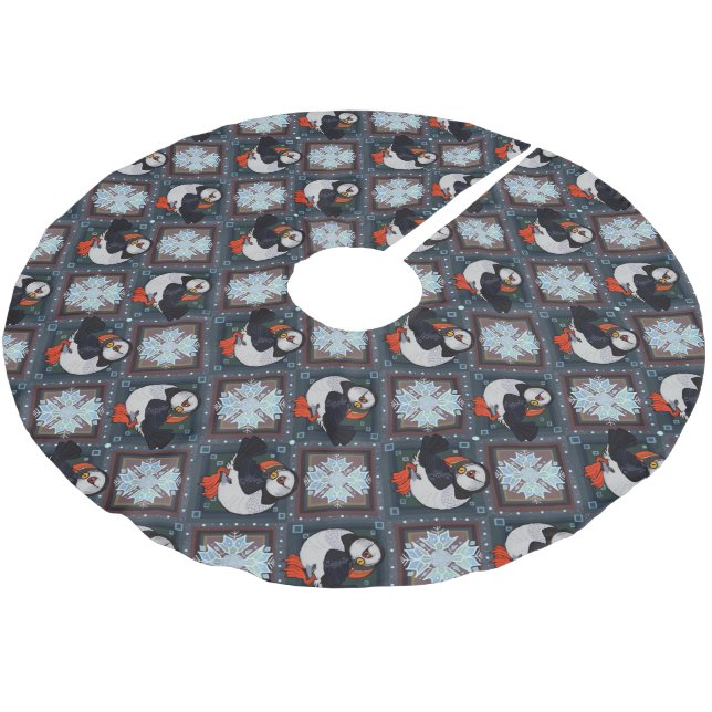 Cute Puffin Birds Winter Pattern Brushed Polyester Tree Skirt (Angled)