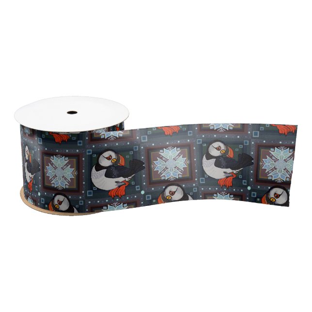 Cute Puffin Birds Winter Pattern Satin Ribbon (Spool)