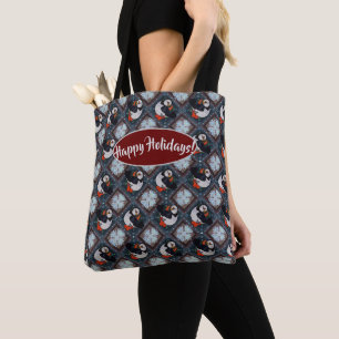 Cute Puffin Birds Winter Pattern  Tote Bag