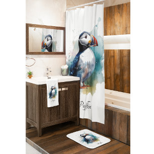 Cute puffin in blue watercolor bath mat