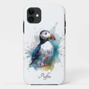 Cute puffin in blue watercolor, customizable iPhone 11 case