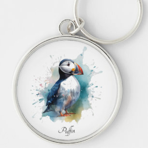 Cute puffin in blue watercolor, customizable keychain
