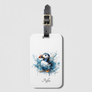 Cute puffin in blue watercolor customizable luggage tag