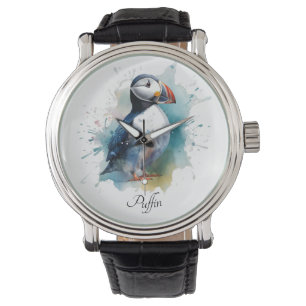 Cute puffin in blue watercolor, customizable watch
