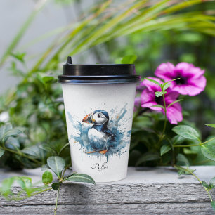 Cute puffin in blue watercolor paper cups