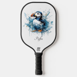 Cute puffin in blue watercolor pickleball paddle