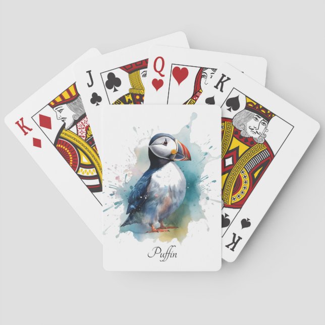 Cute puffin in blue watercolor playing cards (Back)