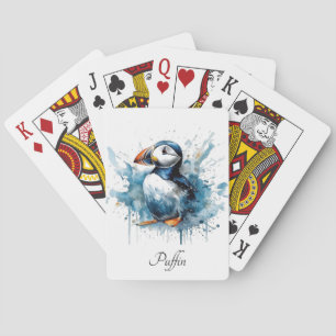 Cute puffin in blue watercolor playing cards