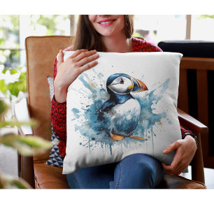 Cute puffin in blue watercolor throw pillow