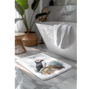 Cute Puffin on a rock customizable Bath Mat