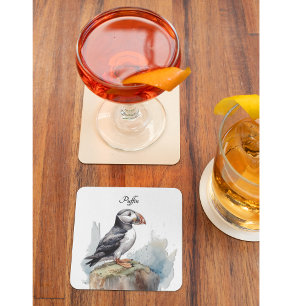 Cute Puffin on a rock, customizable Glass Coaster