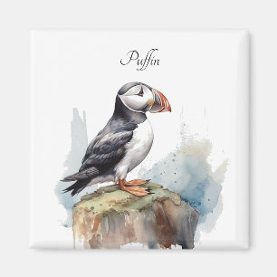 Cute Puffin on a rock in watercolor, customizable Magnet