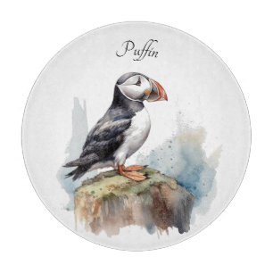 Cute Puffin on a rock in watercolor Cutting Board
