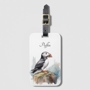 Cute Puffin on a rock in watercolor Luggage Tag