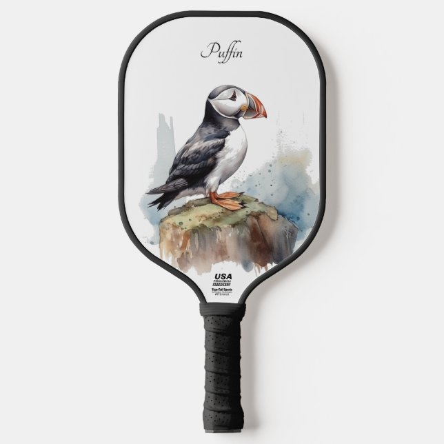 Cute Puffin on a rock in watercolor Pickleball Paddle (Front)