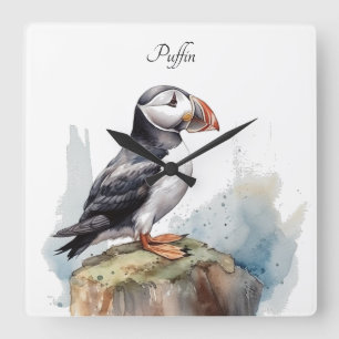 Cute Puffin on a rock in watercolor Square Wall Clock