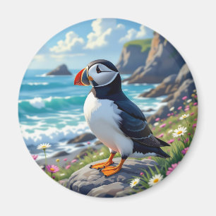 Cute Puffin on the Seashore themed Magnet